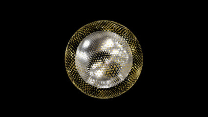 3d rendering of a silver golden sphere in a dark space. Abstract sphere with mirror and hexagonal surface elements. The composition is abstract.