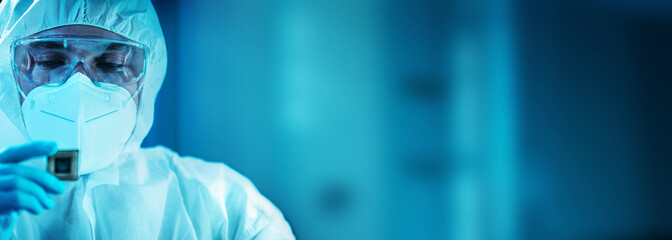 The scientist works in a modern scientific laboratory for the research and development of...