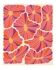 Vintage hippie floral design. Old school colored wavy line art. Abstract retro 70s background. Psychedelic colorful waves vector illustration. Groovy 60s fashion print.