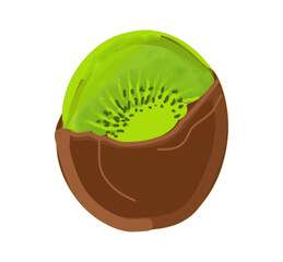 Kiwi in chocolate, a slice of fruit, in chocolate glaze, color drawing, on a transparent background, for printing and design, a chocolate holiday