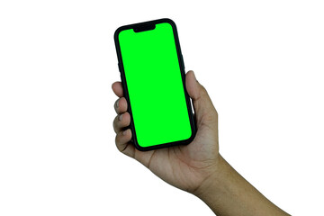 Smartphone frameless mockup. Studio shot of green screen smartphone with blank screen for Infographic Global Business web site design app, Content for technology - include clipping pat.