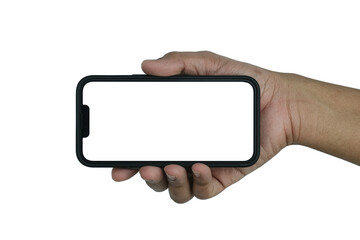 Smartphone similar to iphone 13 with blank white screen for Infographic Global Business Marketing Plan, mockup model similar to iPhone isolated Background of digital investment economy - Clipping Path