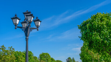 Vintage street lamp on blue sky and green trees background. Close-up. Old-fashioned lampost. Space for text.