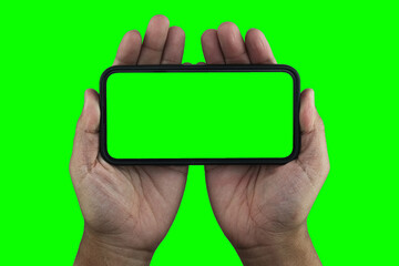 Smartphone frameless mockup. Studio shot of green screen smartphone with blank screen for Infographic Global Business web site design app, Content for technology - include clipping pat.