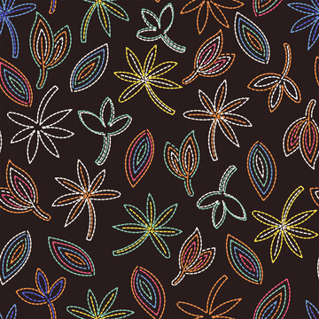 Embroidery stilization fashion print. Colorful hobby hand made DIY vector illustration. Cartoon stitched floral seamless pattern