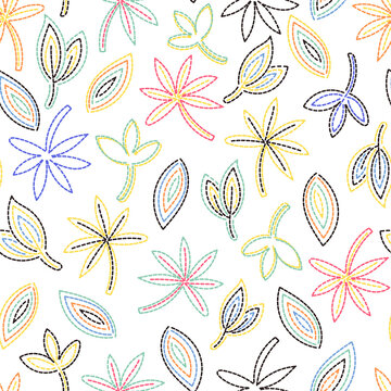 Embroidery stilization fashion print. Colorful hobby hand made DIY vector illustration. Cartoon stitched floral seamless pattern