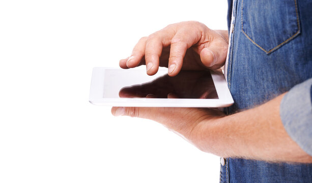 Going online just got a little bit easier.... Cropped image of a man holding a digital tablet isolated on white.