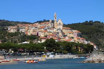 Kissenbezug Medieval village of Cervo (San Bartolomeo al Mare-Imperia-Italy.) Cervo is a delightful town on the western Ligurian Riviera, considered one of the most beautiful borgji in Italy. Seen from the beach  © fotoclipge