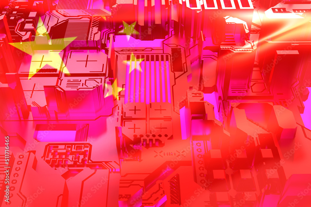 Poster manufacture of microelectronics in china. prc flag in front of chinese board. cyber background with 