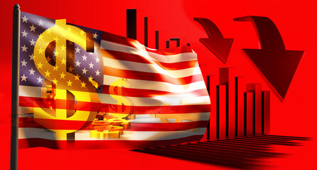 US flag and declining chart. USA economy. Economic crisis in America. Decrease in profits of US companies. Recession chart on red. Political flag and dollar sign. Economic collapse. 3d rendering.