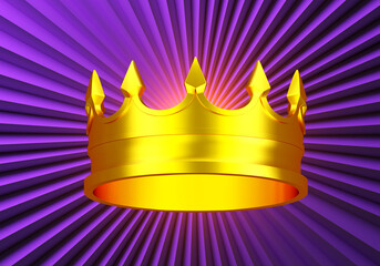 Gold Crown. King headdress made of precious metal. Shiny crown on purple background. Symbol of royalty. Crown as metaphor for heir to throne. Prince symbol of power. 3d rendering.