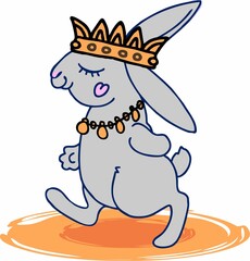 Cartoon gray rabbit walks briskly in royal attributes.
