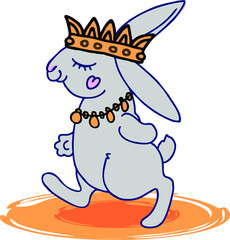 Cartoon gray rabbit walks briskly in royal attributes.