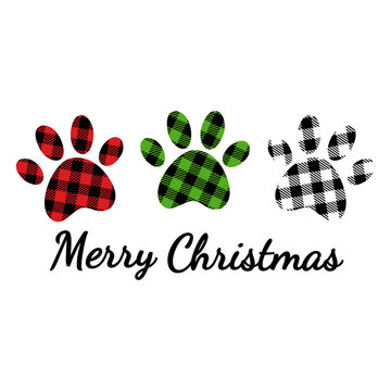 Merry Christmas hand drawing lettering with paw prints. Buffalo plaid pattern. Happy new year and merry Christmas illustration for pet lovers. Isolated on white background. 