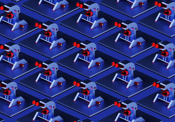 Microscopes visualization. Background with microscopes. Equipment for scientific research. Device for multiple increase. Background for national banner. Minimalistic microscopes on blue. 3d image.