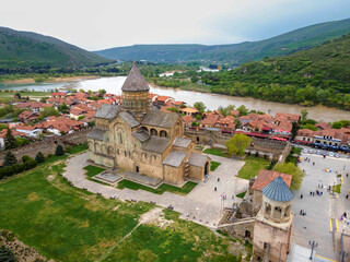 An aerial view of the Svetitskhoveli Cathedral in Mtskheta, Georgia © Walter_D