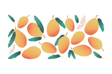 Composition of tropical ripe mangoes with leaves on a white background. Cute fruit print for decorative pillows, interior design. 