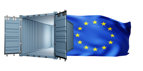 Empty container from Europe. Sea freight container. European union flag on white. Concept of shortage of goods in Europe. Empty open container symbolizes logistics problems. 3d rendering.