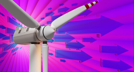 Naklejka na ściany i meble Wind energy. Wind turbine blades close-up. Extraction of electricity from renewable sources. Windmill on purple. Visualization of realistic windmill. Green energy concept. 3d rendering.