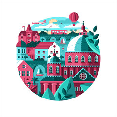 Naklejka premium Vector urban landscape placed in a circle. A composition with urban buildings, the sea, various vehicles.