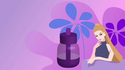 Banner for advertising cosmetics and beauty salons. The girl is sitting next to the facial serum.