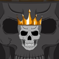 Human Head Skull King with Gold Crown Illustration Tattoo Template. Designs for T-shirts, Tattoos, Stickers, Gaming Logos or Posters.

