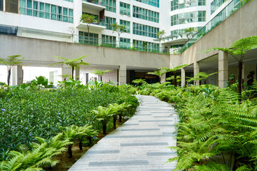 Obraz na płótnie Canvas Green garden in the inner yard of residential building complex
