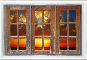 Old wooden window with sunset view