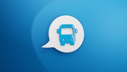 Blaues Bus-Symbol auf einer weissen Sprechblase mit blauem Hintergrund, 3D-Rendering 