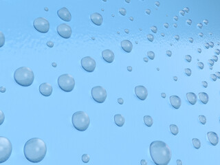 青・水色のプラスチック樹脂製の壁に水滴の3Dイラストレーション。無数の水滴。結露した壁。