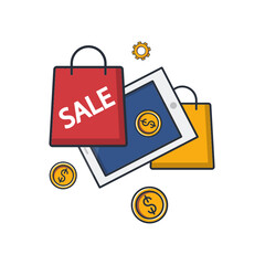 Collection colored thin icon of online shopping, tablet, money coin, business technology concept vector illustration.