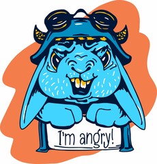 Cartoon angry rabbit in a horned helmet.