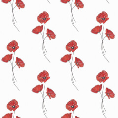 Seamless floral pattern, red poppies on a white background. Texture of paper, canvas, pastels.