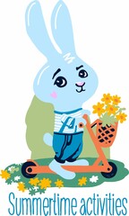 A cute cartoon hare rides a scooter with a basket of flowers. Lettering