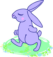 Lilac cartoon rabbit walks through a meadow of flowers.
