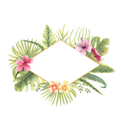 Vector illustration of a diamond-shaped frame with tropical plants. Monster, banana leaves, hibiscus, etc. Floral watercolor. For the design of greeting cards, invitations