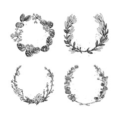 Collection of monochrome illustrations of wreaths in sketch style. Hand drawings in art ink style. Black and white graphics.