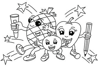 Set Fruits Cartoon Cute coloring page for kids vector