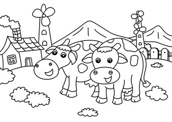 cow in the garden cute cartoon coloring page for kids vector
