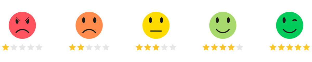 Set of emoticons stars rating feedback. Flat icon scale for apps, ui and websites.  Vector isolated on white. EPS10