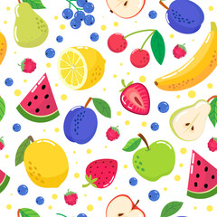 Colorful summer seamless pattern with seasonal fruits. Vector illustration