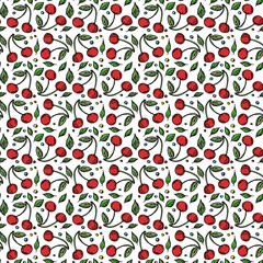 Seamless cherry pattern. Doodle vector with red cherry icons. Vintage cherry pattern