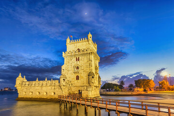 Obraz premium Lisbon Portugal sunset city skyline at Belem Tower and Tagus River