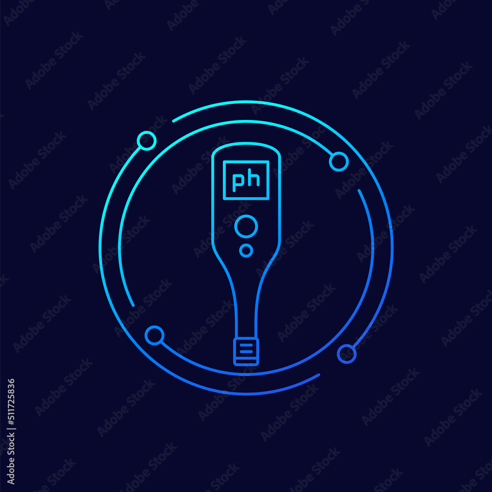 Poster ph meter or tester icon, water and soil testing linear vector