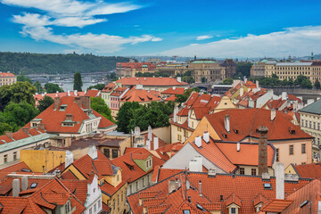 Obraz premium Prague Czech Republic, high angle view city skyline at Manes Bridge and Vltava River, Czechia