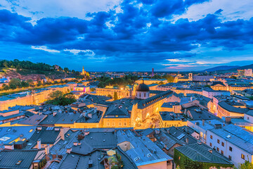 Obraz premium Salzburg Austria, night city skyline of Salzburg city center