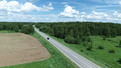 Aerial view of a birch grove and the road to the birthplace of the poet Sergei Yesenin on a sunny summer day