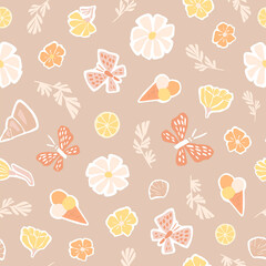 Cute summer flat illustration of butterflies, ice cream, lemons, seashells, flowers and leaves. Seamless vector pattern for fabrics, wallpapers, wrapping paper in gentle pastel colors.