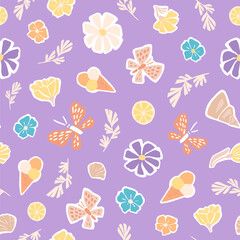 Cute summer flat illustration of butterflies, ice cream, lemons, seashells, flowers and leaves. Seamless vector pattern for fabrics, wallpapers, wrapping paper in gentle purple color.