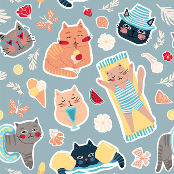 Cats on the beach on vacation. Cute childish flat illustration in gentle pastel color. Seamless vector pattern for fabrics, wallpapers, wrapping paper.